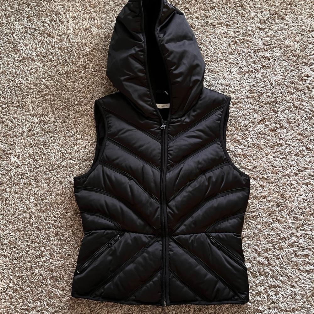 Blanc Noir Mesh Inset Puffer Vest in Satin and Black